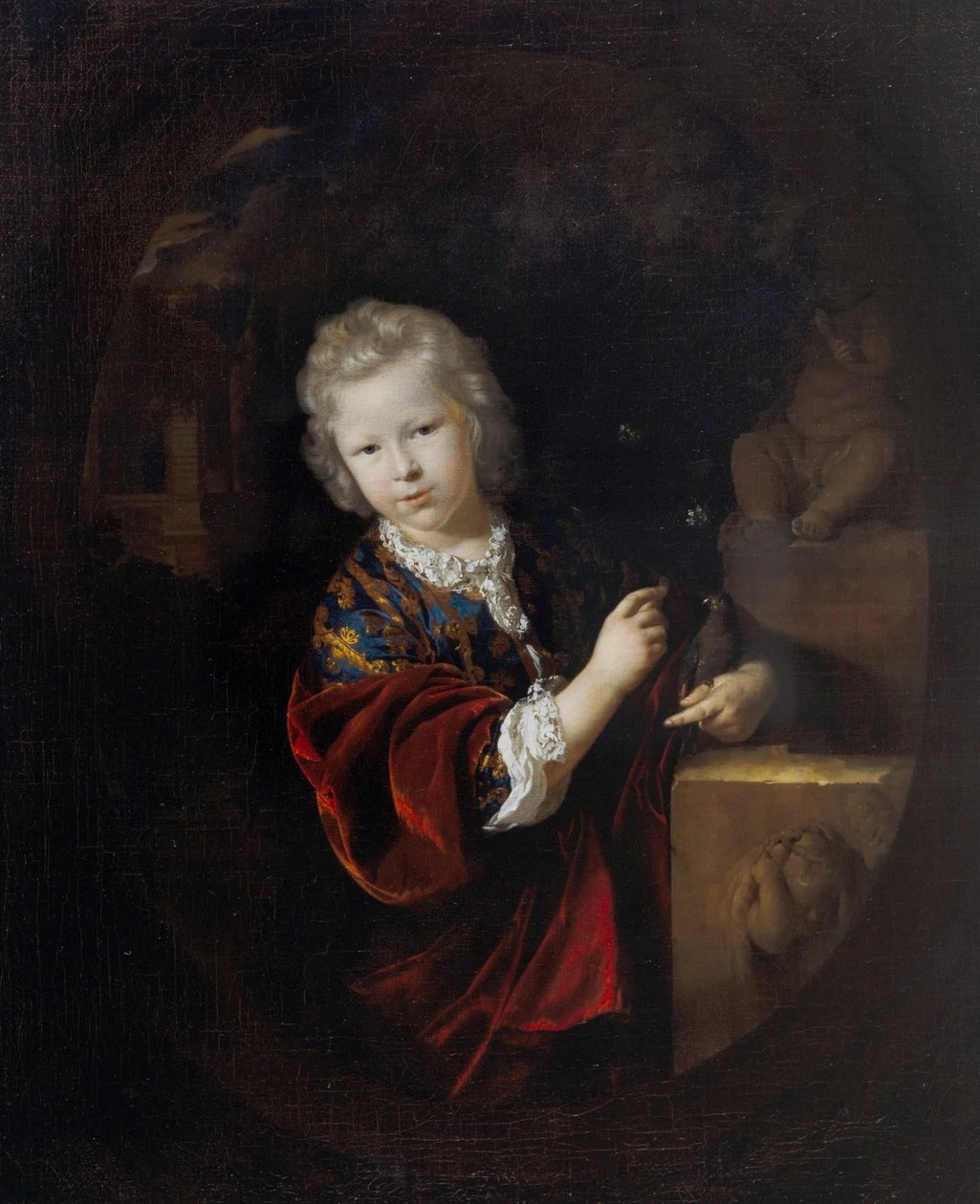 Adriaen van der Werff - 107, Ritratto di un giovane ragazzo che tiene un pappagallino accanto a una statua di Ercole